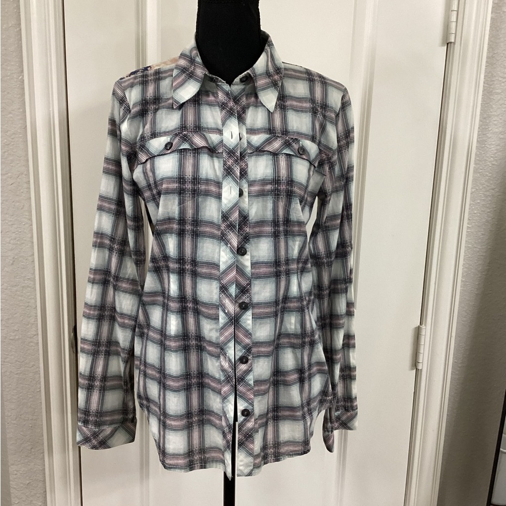 CAbi Floral and Plaid Blouse